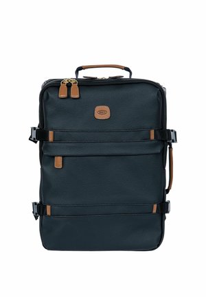 Borsa da viaggio rettangolare nera con dettagli in pelle marrone, manico superiore, doppie cerniere e cinghie laterali regolabili per compressione e chiusura sicura.