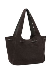 Borsa tote in suede marrone con due ampie spalline, caratterizzata da sottili dettagli in pelle e un design spazioso ad apertura superiore.