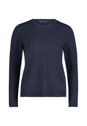 Marineblauwe trui met lange mouwen, gemaakt van zachte gebreide stof. Heeft een ronde hals en geribbelde manchetten en zoom voor een aansluitende pasvorm.