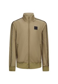 Lichtbruine ritsjack met hoge kraag, twee zijzakken, geribde manchetten en zoom, en een klein zwart merklabel op de borst.