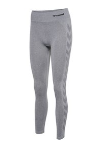 Grijze naadloze legging met hoge tailleband, Hummel-logo op de taille en een donkergrijs chevronpatroon langs de zijkant van één been.
