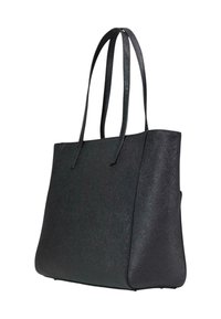 Borsa a tracolla nera in materiale sintetico testurizzato, forma rettangolare, base piatta e manici doppi in alto. Nessuna hardware visibile o motivi.