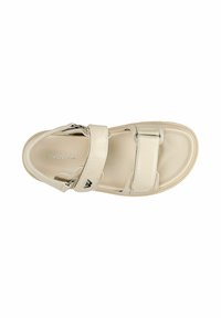 Sandali beige con tre cinturini regolabili, realizzati in pelle liscia. Suola testurizzata e piccolo logo accentuato di lato. Vista dall'alto.