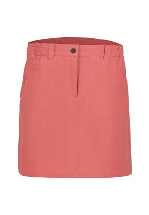 Różowa koralowa prosta spódnica z przednimi kieszeniami, zapięciem na guziki i zamek oraz elastycznymi wstawkami w talii po obu stronach.