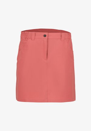 Gonna dritta color corallo rosa con tasche frontali, chiusura con bottone e zip, e sezioni di fascia elastica sui lati.