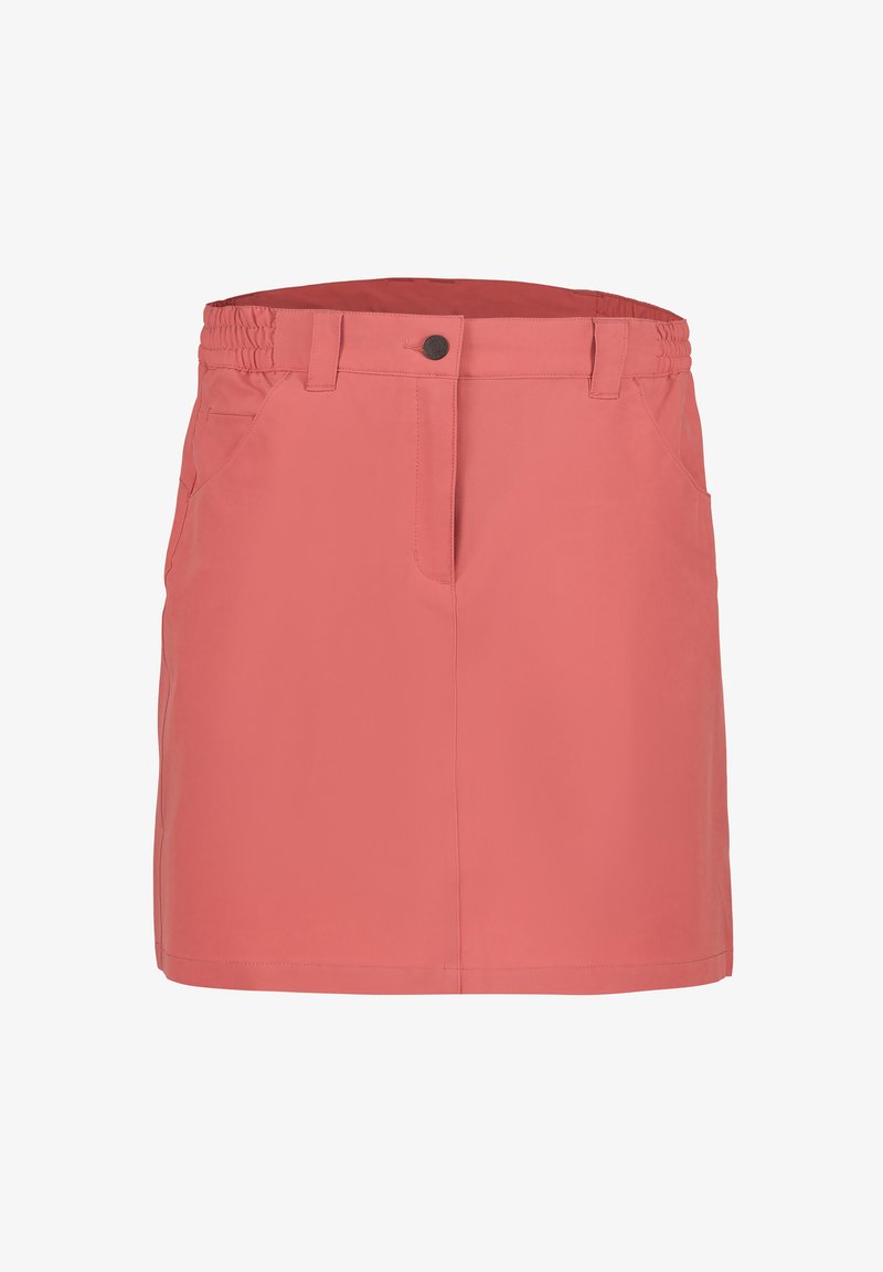 Jupe droite couleur corail rose avec poches avant, fermeture par bouton et zip, et sections de taille élastiquée de chaque côté.