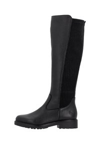 Zwarte kniehoge laarzen van gestructureerd leer met een ribbelstofpaneel aan de achterkant en een chunky zool voor stabiliteit.