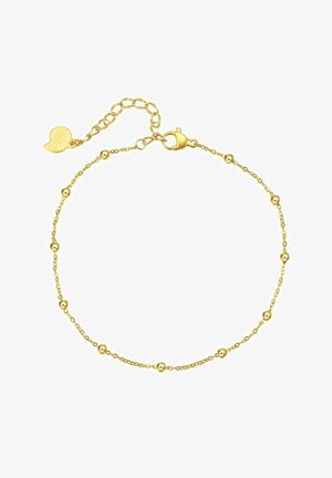 Pulsera de oro con un diseño de cadena y cuentas redondas espaciadas uniformemente, y un cierre de langosta. Incluye un pequeño charm de concha marina como acento.