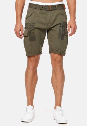 Olive green cargo shorts with a waistband featuring a brown belt. Textured patches on the front, rolled hems, and multiple side pockets.