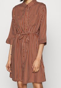 Robe rayée marron avec col, boutonnière à l'avant et ceinture à la taille. Présente des manches longues avec des poignets retroussés et deux poches poitrine. Tissu doux.