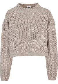Pull court beige clair avec un motif de tricot texturé, un col côtelé et des épaules tombantes. Le tissu semble doux et épais.