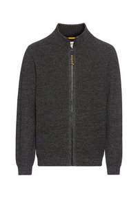 Dunkelgrauer Reißverschluss-Pullover mit einem gerippten hohen Kragen, langen Ärmeln und strukturiertem Stoff. Verfügt über einen Reißverschluss und dezente Nahtdetails.