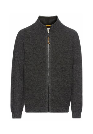Dunkelgrauer Reißverschluss-Pullover mit einem gerippten hohen Kragen, langen Ärmeln und strukturiertem Stoff. Verfügt über einen Reißverschluss und dezente Nahtdetails.