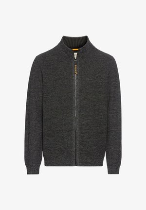 Mørkegrå zip-up sweater med ribbet høj hals, lange ærmer og tekstureret stof. Har lynlås-lukning og subtile stikninger.