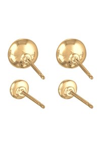 Gold-tone metal earrings featuring rounded discs and slender posts. The set includes two larger and two smaller pairs with a glossy finish.
