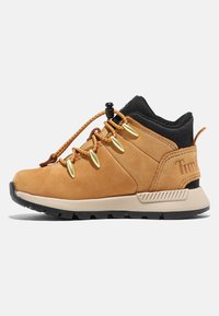Chaussure de randonnée en suède beige avec des accents noirs, semelle en caoutchouc, œillets dorés et système de laçage rapide. Équipée d'un col rembourré pour le confort.