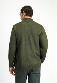 Green wool-blend cardigan with a high collar, ribbed cuffs, and hem. Knitted texture, mid-length sleeves, and a relaxed fit.