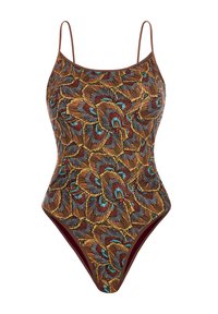 Jednoczęściowy strój kąpielowy z wielokolorowym kwiatowym wzorem w odcieniach brązu, złota i niebieskiego, z cienkimi ramiączkami i niskim dekoltem na plecach.