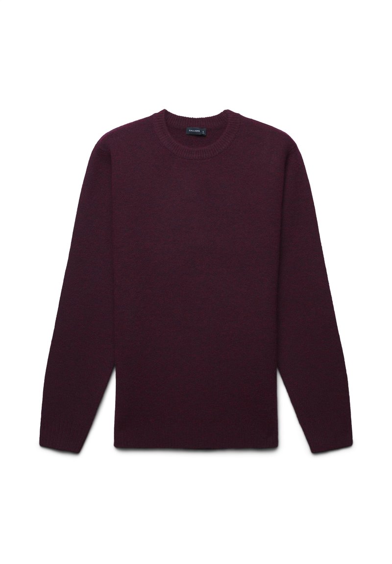 Maglione in lana bordeaux scuro a maniche lunghe con colletto a girocollo e polsini a costine, poggiato su uno sfondo bianco.