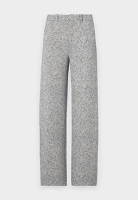 Pantalon en mélange de laine, à motif chevron, de couleur gris clair avec une coupe droite, doté d'une taille et de passants de ceinture, sans poches visibles.