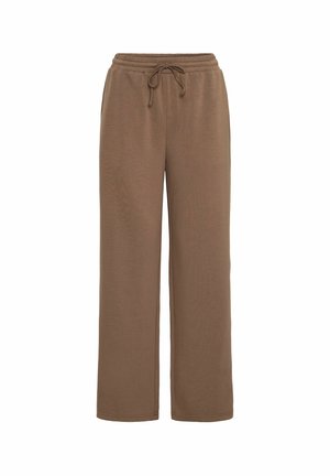 Braune, weit geschnittene Sweatpants aus weichem, strukturiertem Stoff. Verfügt über einen elastischen Taillenbund mit Kordelzug. Keine Taschen oder Verzierungen.