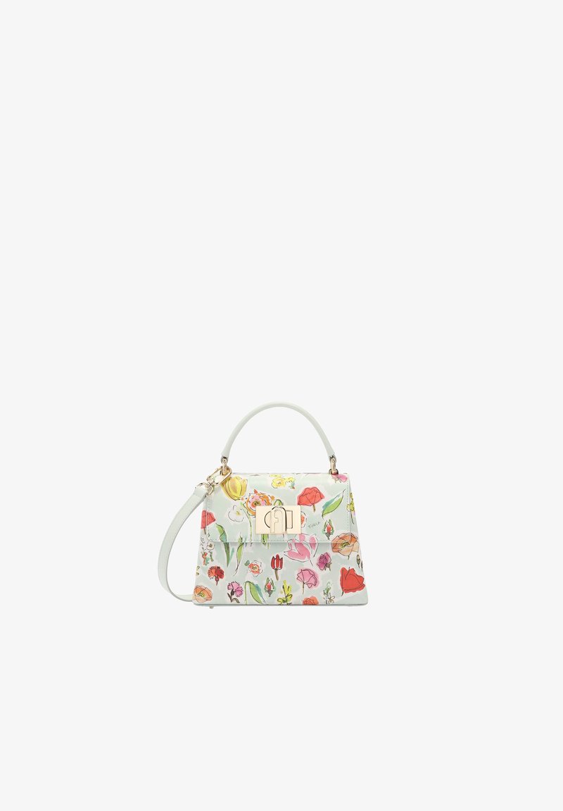 Floral-print handbag in pale mint with gold hardware. Structured shape, top handle, detachable strap, and vibrant flower patterns throughout.