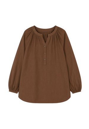 Pruun pikkade varrukatega blouse, millel on ümmargune kogutud kaelus, kolm esitootust ja elastsed mansetid varrukatel.
