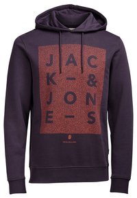 Sudadera morada con un estampado gráfico texturizado en rojo que destaca las letras en negrita "JACK & JONES". Capucha con cordón y puños acanalados. Tejido suave.