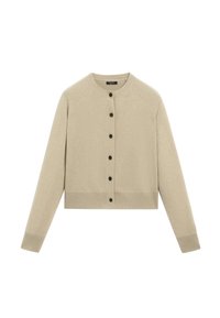 Cardigan corto beige realizzato in materiale morbido, con scollatura rotonda, chiusura con bottoni neri e polsini e orlo a coste.