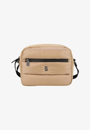 Borsa a tracolla imbottita beige con una tasca anteriore con zip nera, dettaglio del logo e tracolla regolabile. Texture liscia e forma rettangolare.
