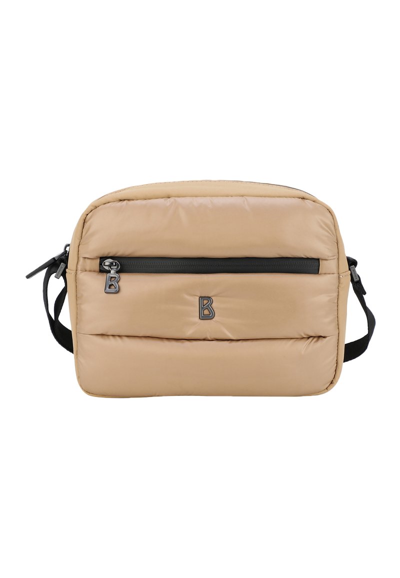 Borsa a tracolla imbottita beige con una tasca anteriore con zip nera, dettaglio del logo e tracolla regolabile. Texture liscia e forma rettangolare.