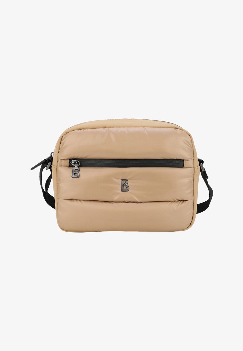 Borsa a tracolla imbottita beige con una tasca anteriore con zip nera, dettaglio del logo e tracolla regolabile. Texture liscia e forma rettangolare.