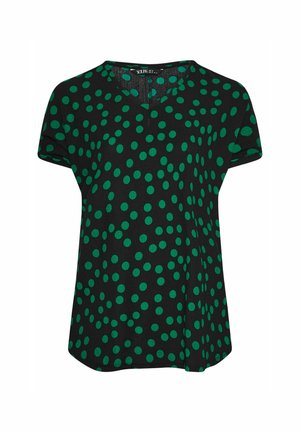 Lyhythihainen musta paita V-pääntiellä, jossa on suuria vihreitä pilkkuja, teksturoitu kangas ja rento leikkaus. Sopii vapaa-ajan käyttöön.