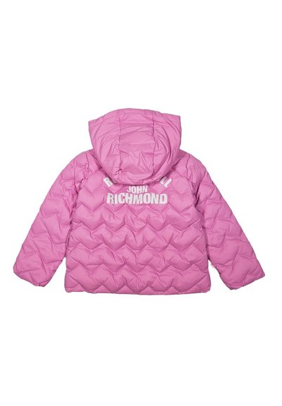 Giacca puffer rosa con cappuccio, caratterizzata da un motivo a rombi e testo bianco sul retro. Realizzata in materiale lucido e leggero.