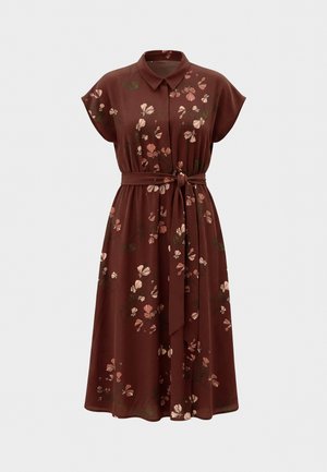 Hnědé midi šaty s květinovým vzorem, krátkými rukávy, límečkem, zapínáním na knoflíky vpředu a páskem na zavazování v pase.