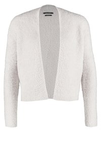 Weißer, flauschiger Cardigan mit langen Ärmeln, offenem Vorderteil und strukturierter Stoffoberfläche. Lässiges Design ohne Verschlüsse. Geeignet zum Schichten.
