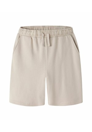 Shorts beige à taille élastique avec cordon de serrage et poches latérales, longueur genoux, en tissu doux pour un port décontracté.