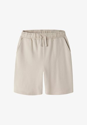 Pantalones cortos beige con cintura elástica, cordón ajustable y bolsillos laterales, hasta la rodilla, confeccionados con tela suave para uso casual.