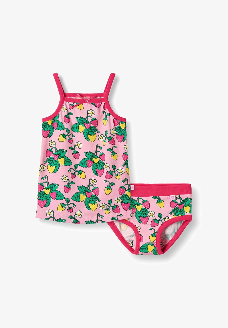 Rózsaszín top és alsónemű szett, élénk eper- és virágmintával, zöld levelekkel, amit egy világos rózsaszín szegély hangsúlyoz.
