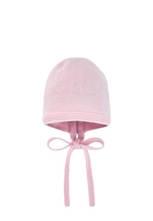 Bonnet tricoté rose avec une forme arrondie, attaches pour maintenir sous le menton, et un tissu texturé pour la chaleur et le confort.