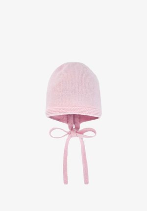 Bonnet tricoté rose avec une forme arrondie, attaches pour maintenir sous le menton, et un tissu texturé pour la chaleur et le confort.