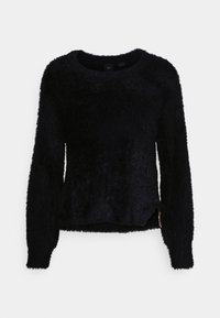 Långärmad svart fluffig tröja med rund ringning och en liten dragkedjedetalj vid den nedre sidsömnaden.