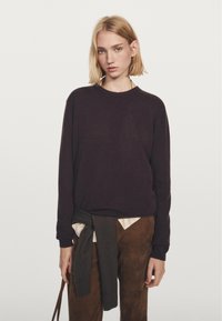 Maglione viola scuro con maniche lunghe e scollatura rotonda, abbinato a una camicia chiara e pantaloni marroni. Il maglione ha una texture morbida.
