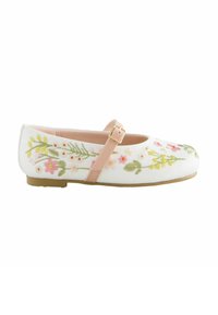 White flat shoe with floral embroidery in pink, yellow, and green. Features a pink strap with a buckle. Round toe and flat sole.