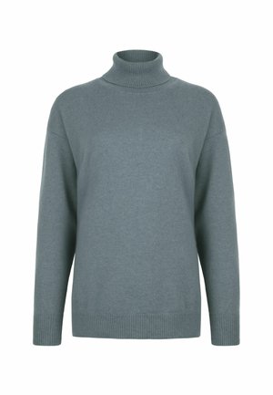 Grå langærmet turtleneck sweater med ribbede kanter ved hals, ærmer og bund, præsenteret på en ensfarvet hvid baggrund.