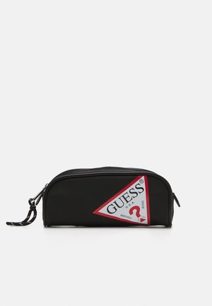 Black cosmetic pouch with a triangular red and white logo. Features a zip closure and fabric pull tab. Smooth exterior texture.