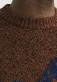 Brauner gestrickter Pullover mit einem gerippten Rundhalsausschnitt. Verfügt über eine strukturierte Oberfläche und ein blaues abstraktes Muster. Das Material wirkt warm und gemütlich.