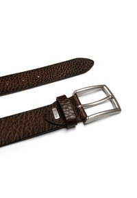 Brown leather belt with a textured finish, silver rectangular buckle, and a loop at the base featuring a brand tag.