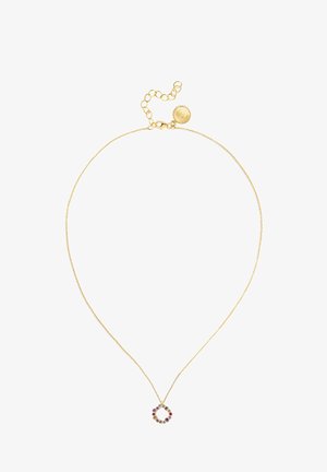 Gold-plated necklace featuring a circular pendant adorned with multicolored gemstones. Adjustable chain with a round clasp for fastening.