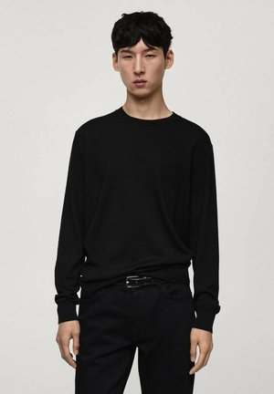 Schwarzer Pullover mit langen Ärmeln aus weichem Material, mit Rundhalsausschnitt und lockerer Passform, kombiniert mit dunklen Hosen.